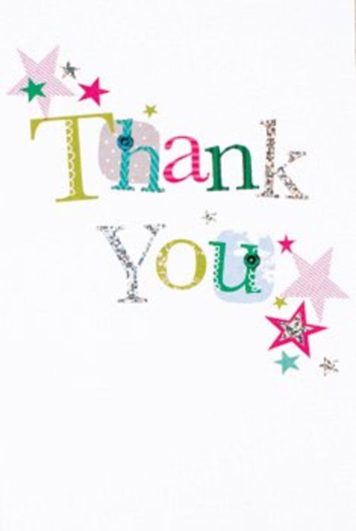 With its cheerful patchwork of letters and starry accents, this thank you card embodies a certain elegant exuberance that wouldn't be out of place at a relaxed gathering along Rotherhithe Street. Each letter in the phrase 'Thank You' claims its own personality-some bold and curvaceous, others refined and gently arched-brought to life in vivid hues of lime, turquoise, and cerise, accented with silver shimmer. Stars, some sprinkled with playful pink stripes, others radiant in teal and metallic gleams, cluster and scatter in celebratory clusters near the message, suggesting a gentle blessing. The overall composition feels airy, modern, and distinctly heartfelt, set against a cloud-bright white surface that amplifies each colour amid its own elegant calm. Thoughtfully balanced, the design bridges the gap between festive and sophisticated, making this card a universally warm expression-one that could easily accompany a fresh, artful bouquet from a neighbourhood Rotherhithe florist. The impression is one of genuine gratitude, elevated by a touch of artistic finesse.